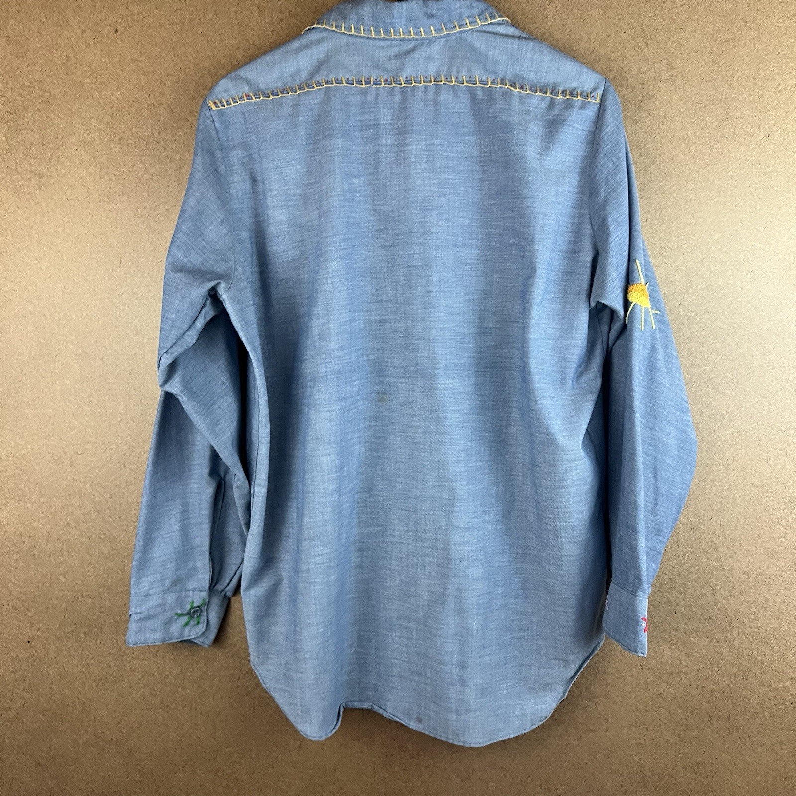 VTG 70s Key Imperial Embroidered Flowers Chambray Work Shirt Boho Hippie L USA