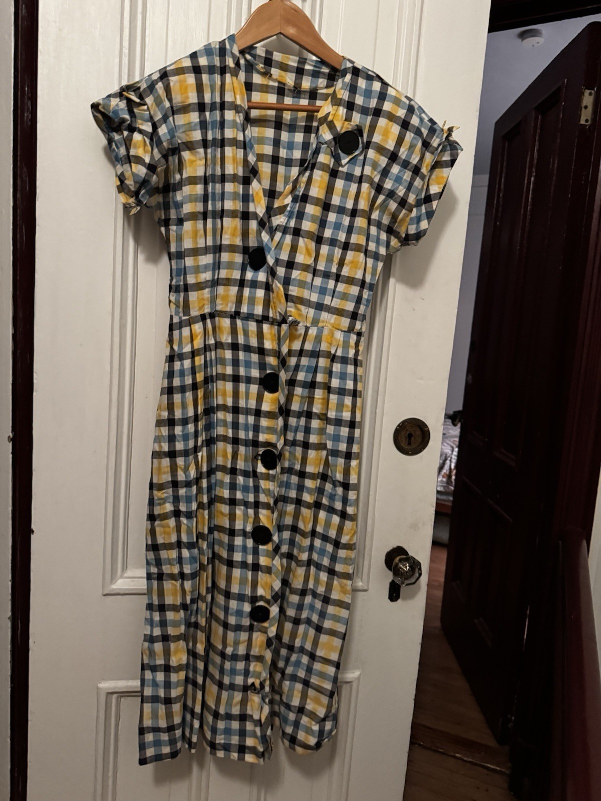 Vintage Homemade Sz 6 To 8 Blue & Yellow Plaid Midi Dress Fair Condition AS IS