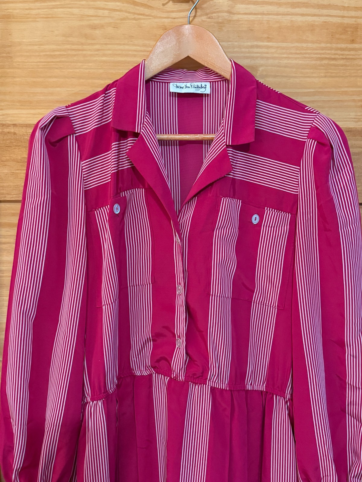 Vtg 80s Diane Von Furstenberg Tailored Pink Striped Midi Shirt Dress size 6