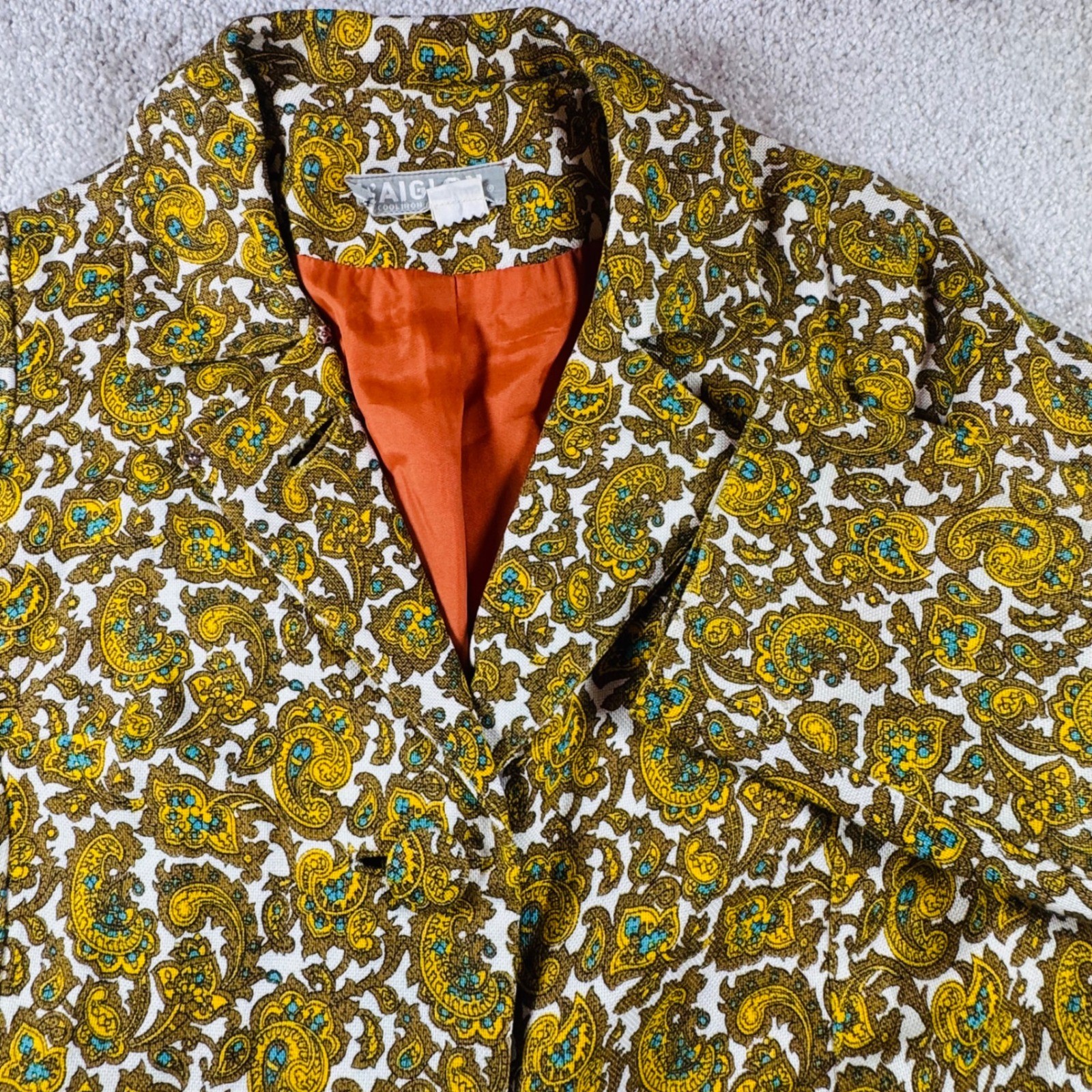 Vintage LAiglon Womens Paisley Trench Coat Mustard Yellow Orange Mod 60s 70s S M