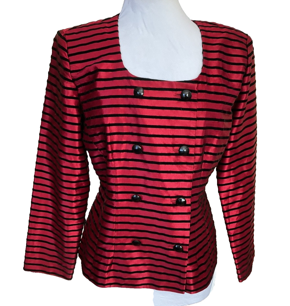 VINTAGE POSITIVE ATTITUDE RED SATIN BLACK VELVET STRIPED DOUBLE BREASTED JACKET