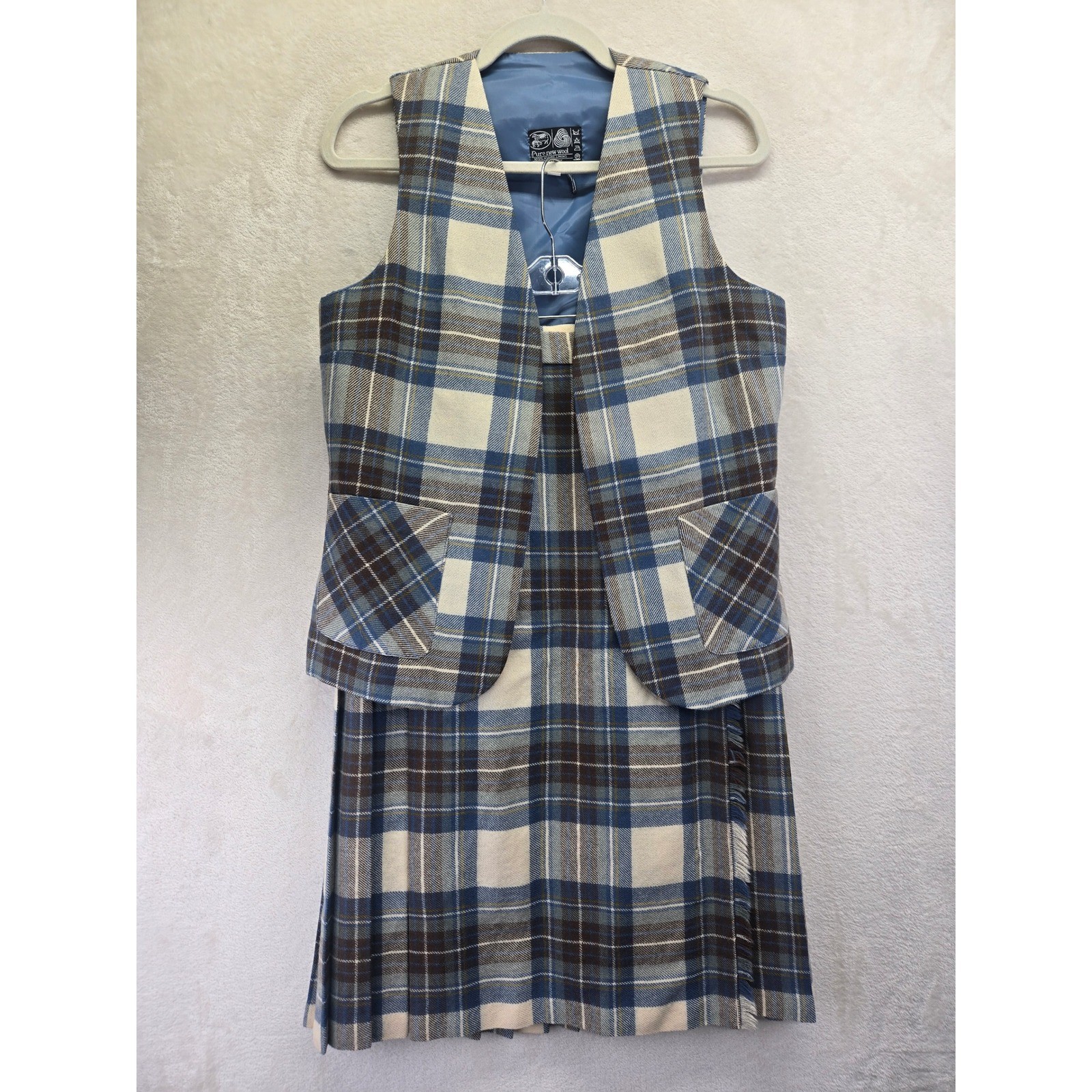 Vintage Pure New Wool Plaid Vest and Kilt Skirt Set Blue Brown Academic Size 12