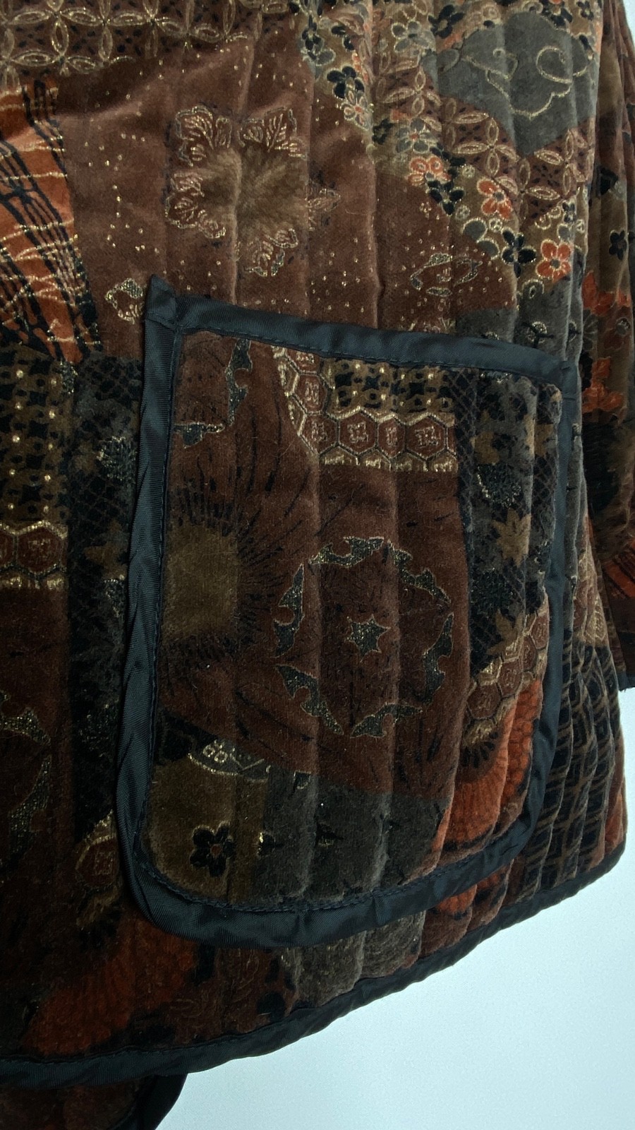 Vintage 1970s brown velveteen jacket open floral patterned cotton patchwork rust