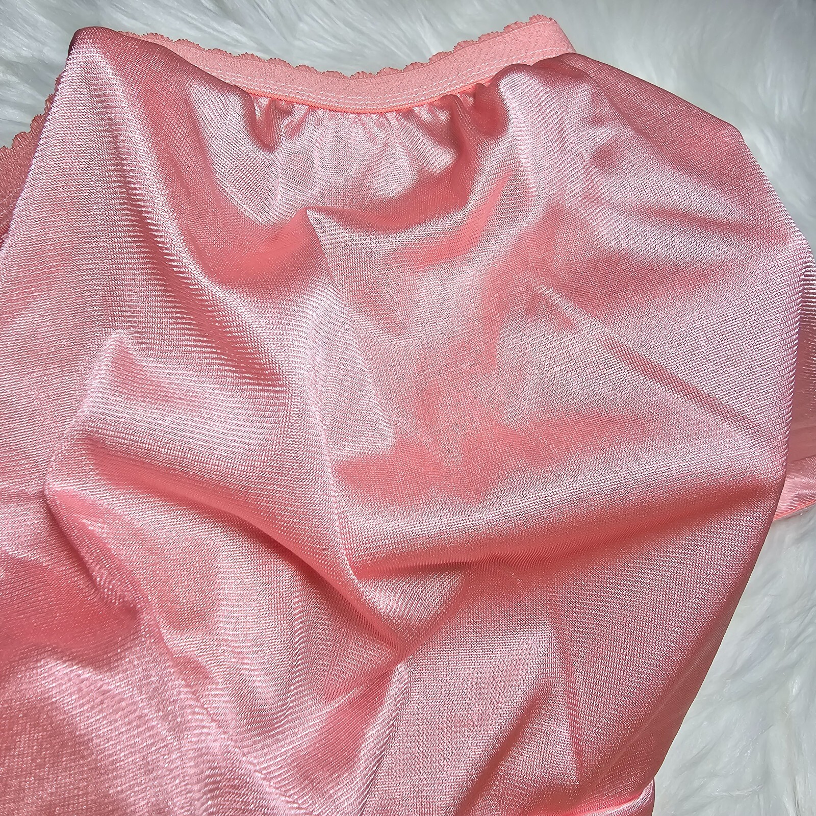 VTG Silky Nylon Panty Sissy Lace Peach Granny Sheer Brief Size 8/XL Hip 40-44″