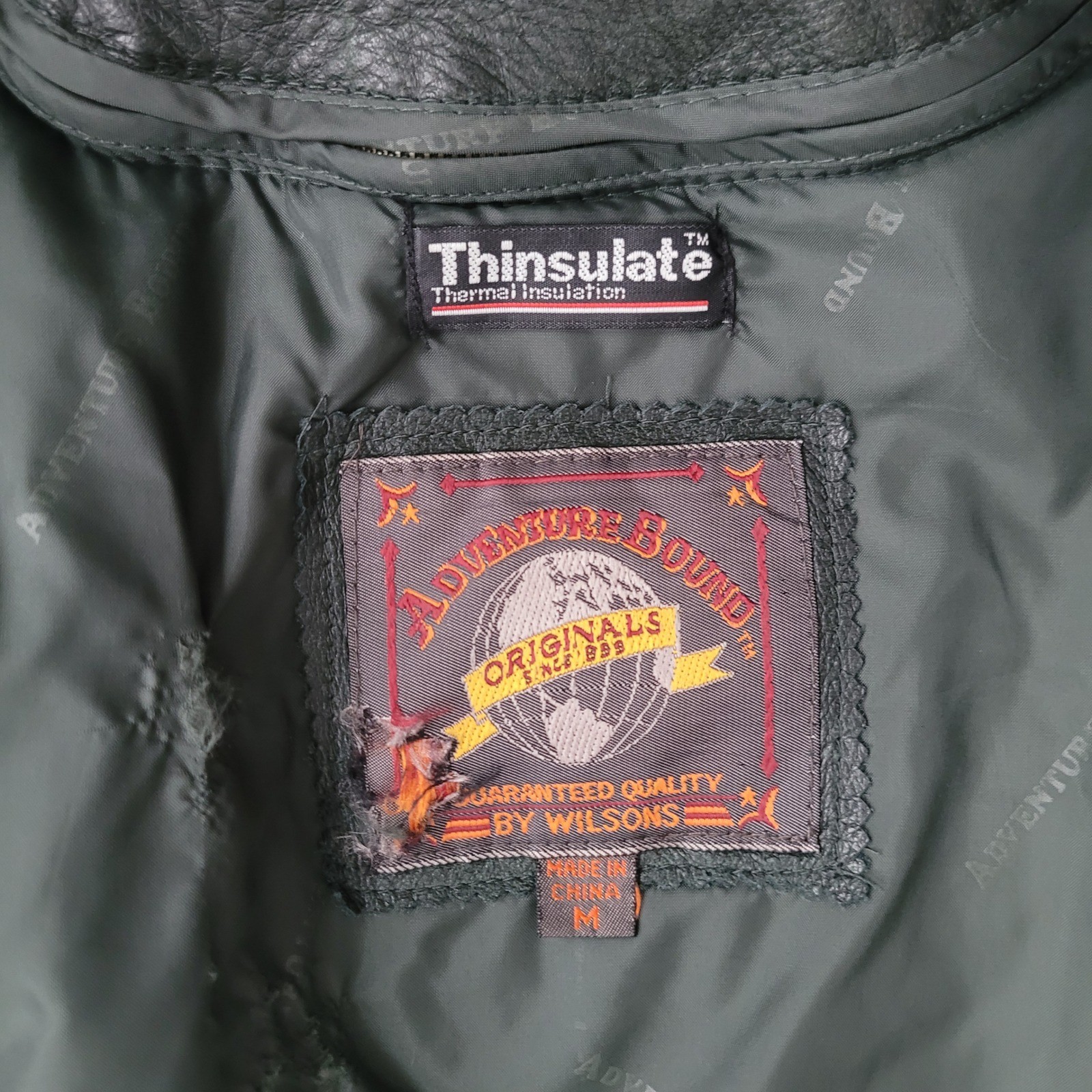 Vintage Adventure Bound Wilson’s dark green leather bomber jacket thinsulate