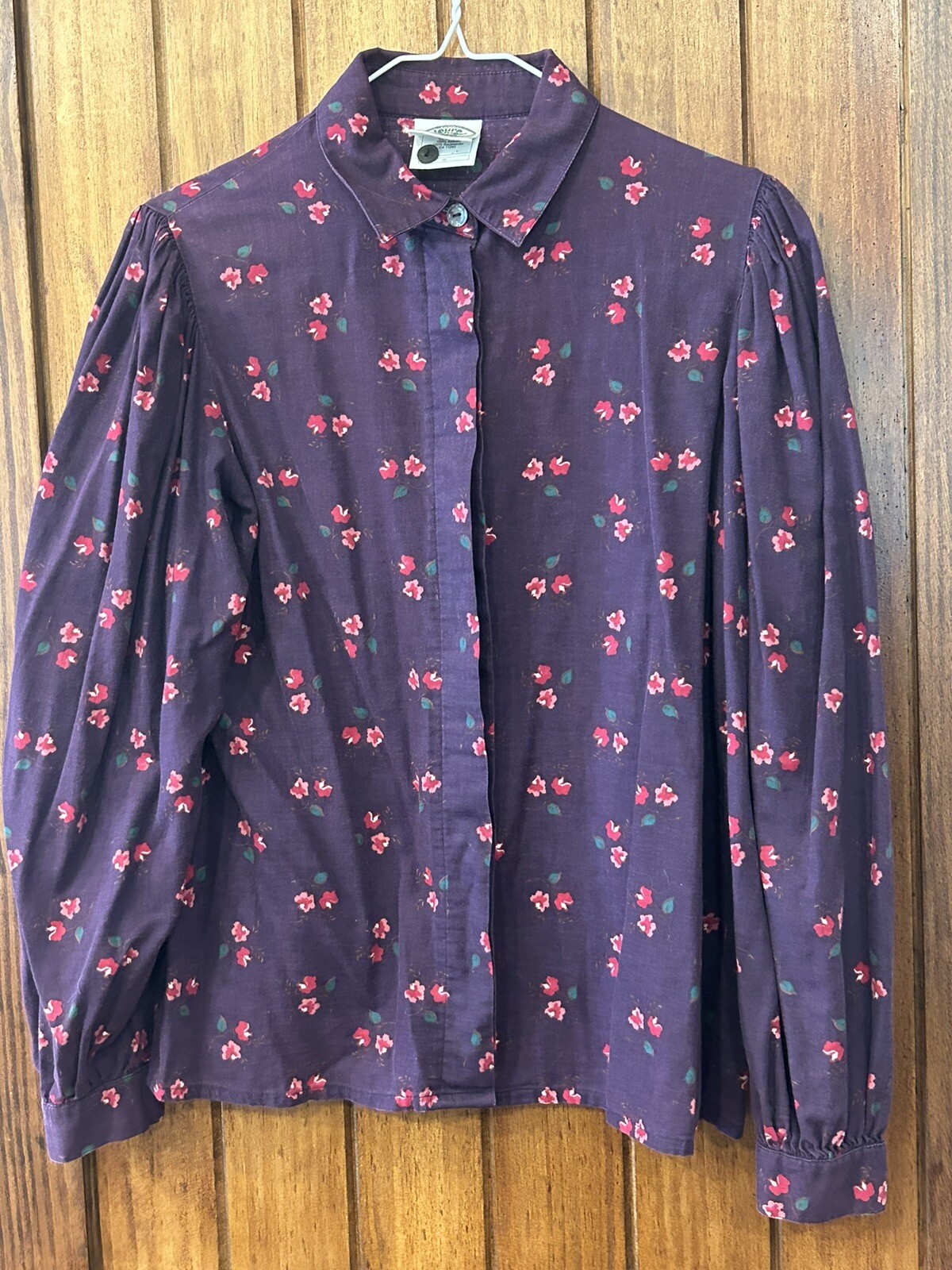 Vtg Laura Ashley Blouse Plum Floral Balloon Puff Sleeves Button Front Size 10