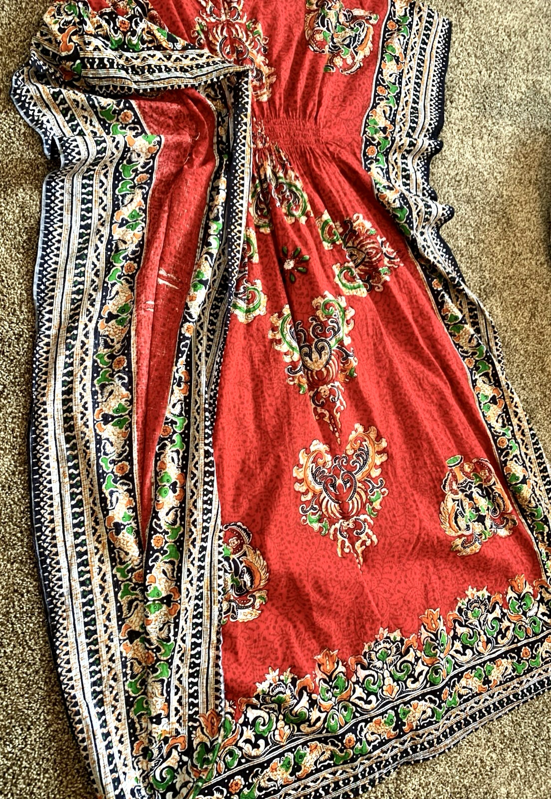 VTG RED BATIK Asian Maxi Long DRESS Kaftan Muumuu Lounge Flutter Empire LARGE