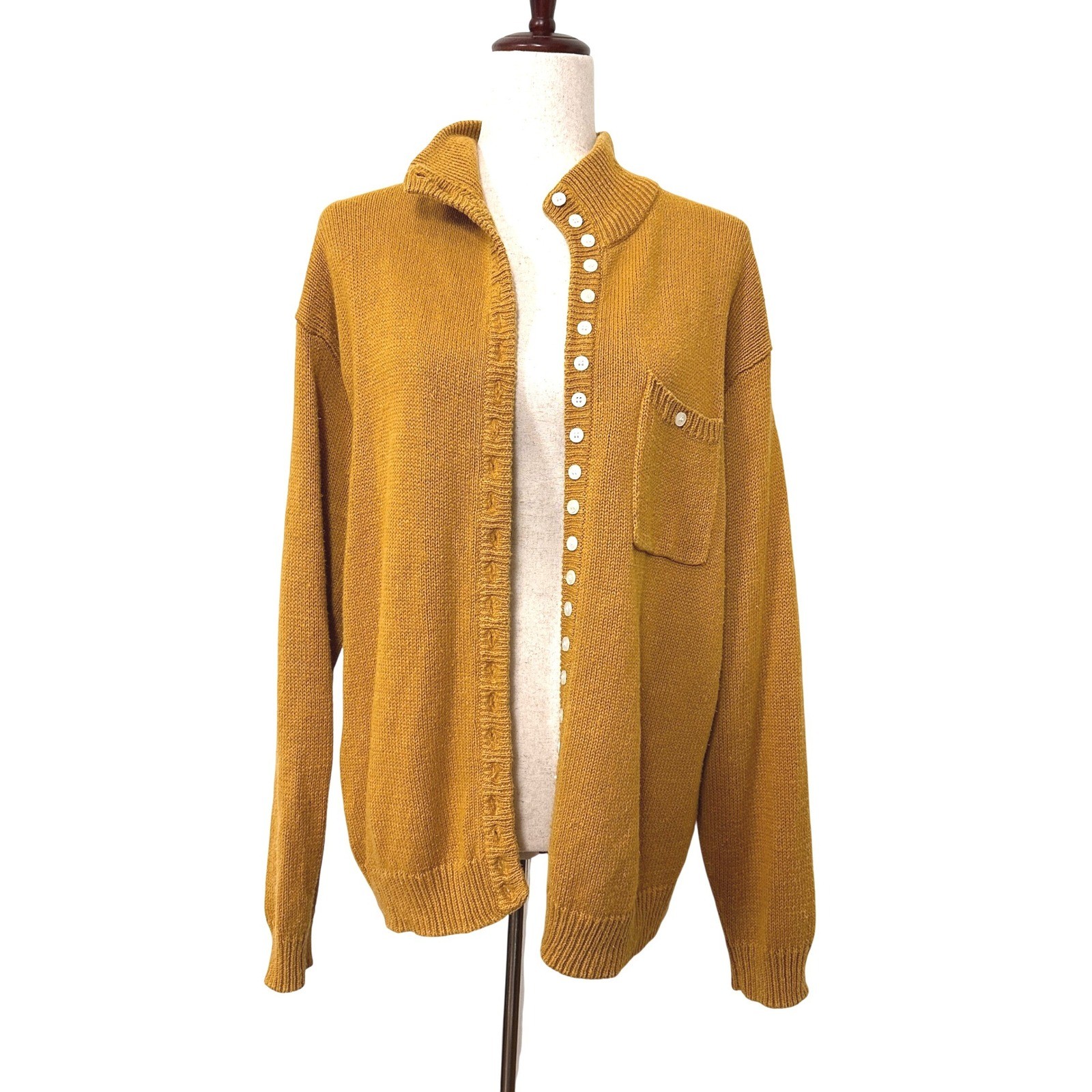 VTG Mustard Yellow Knit Cardigan Button Up Mock Neck Sweater M L Grandmacore