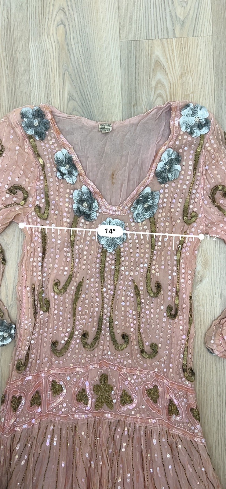 FLAPPER 1920’S GELATIN SEQUIN + BEAD BLUSH PINK SILK DRESS MADE IN INDIA LARGE