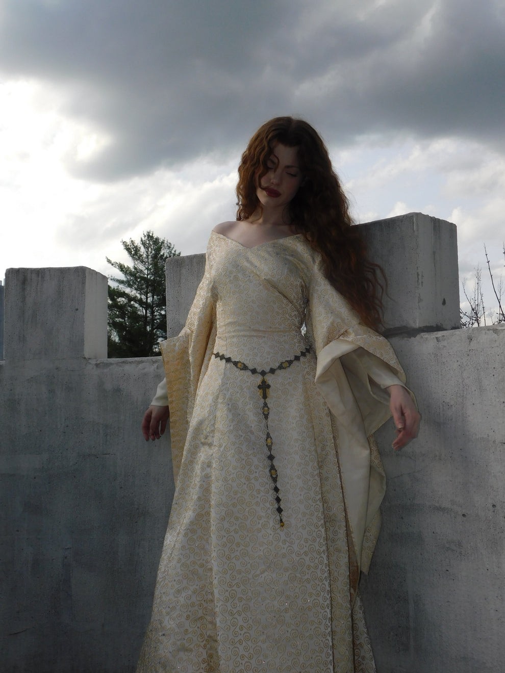 1930s Vintage Spanish Silk Gold Embroidered Medieval Brocade Gown