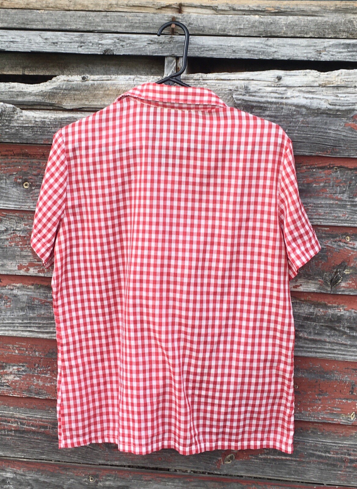 Vintage SEARS Perma-Smooth Red Checkers M Button Up Shirt Blouse Rockabilly Nice