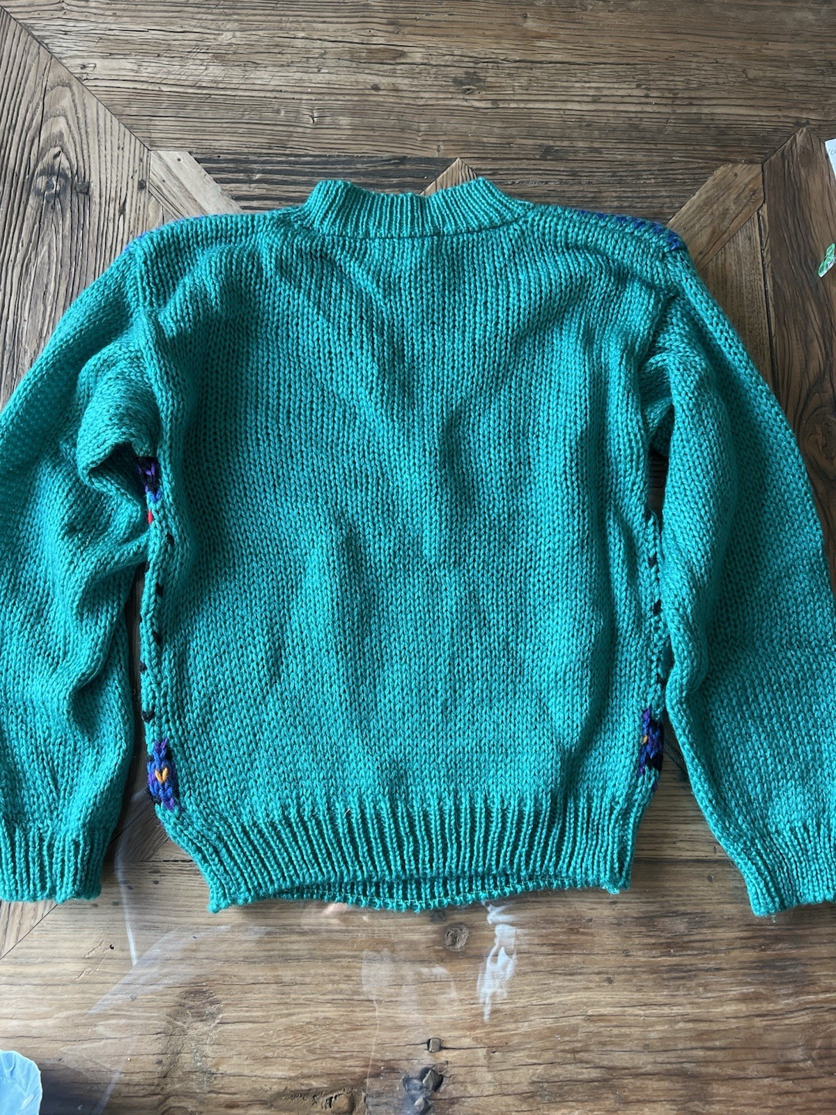 Vintage 1980s/90s JJ Fargo Hand-Knit Wool Sweater – Turquoise & Geometric Size M