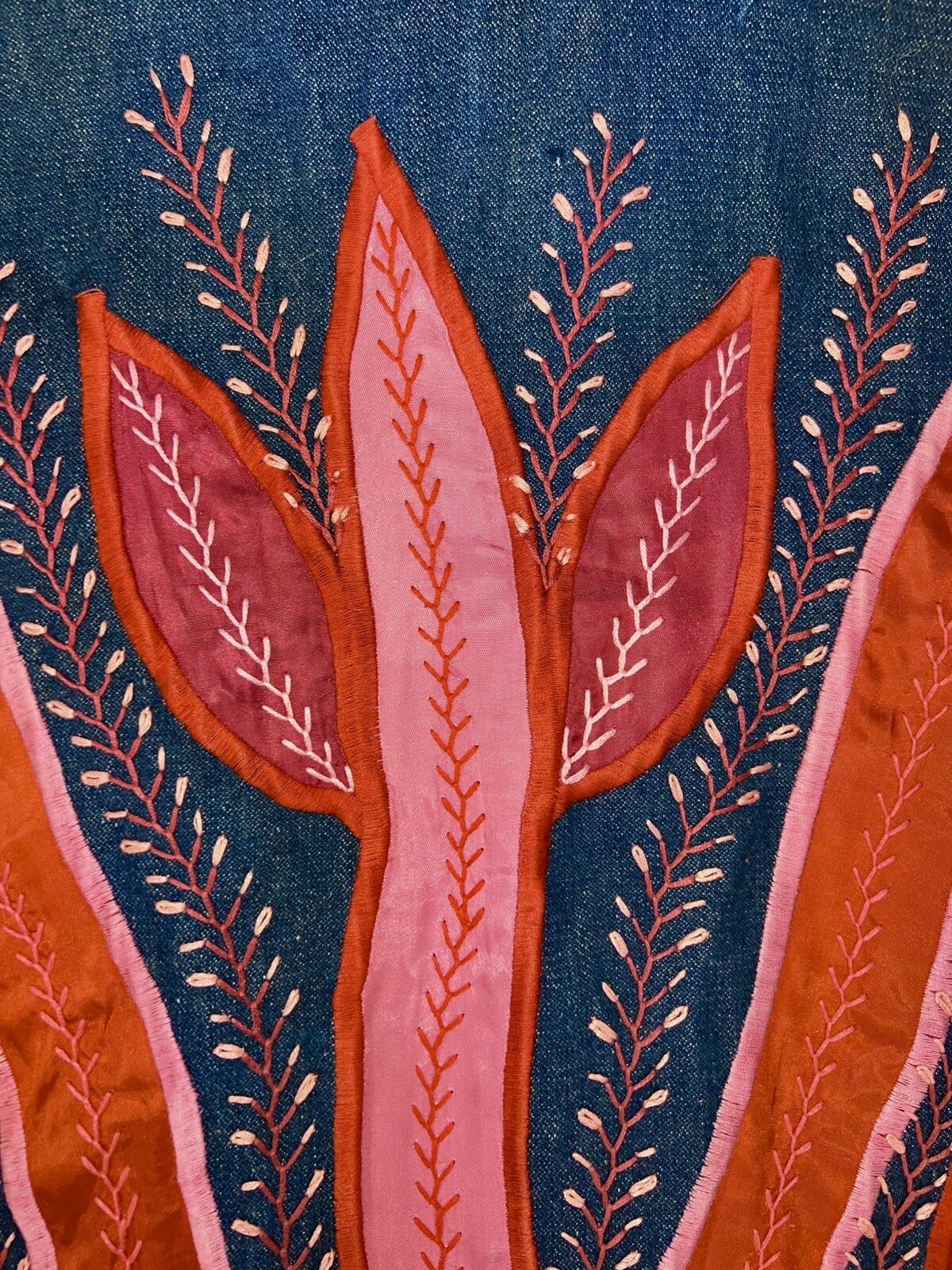 Vtg Judith Roberts La Coleccion Fiber Art Denim Kimono Coat Satin Snake Plants L