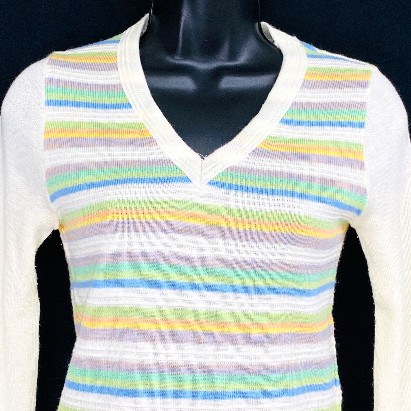 Vintage 1970s white knit top, pastel stripes long sleeve deadstock shirt sweater