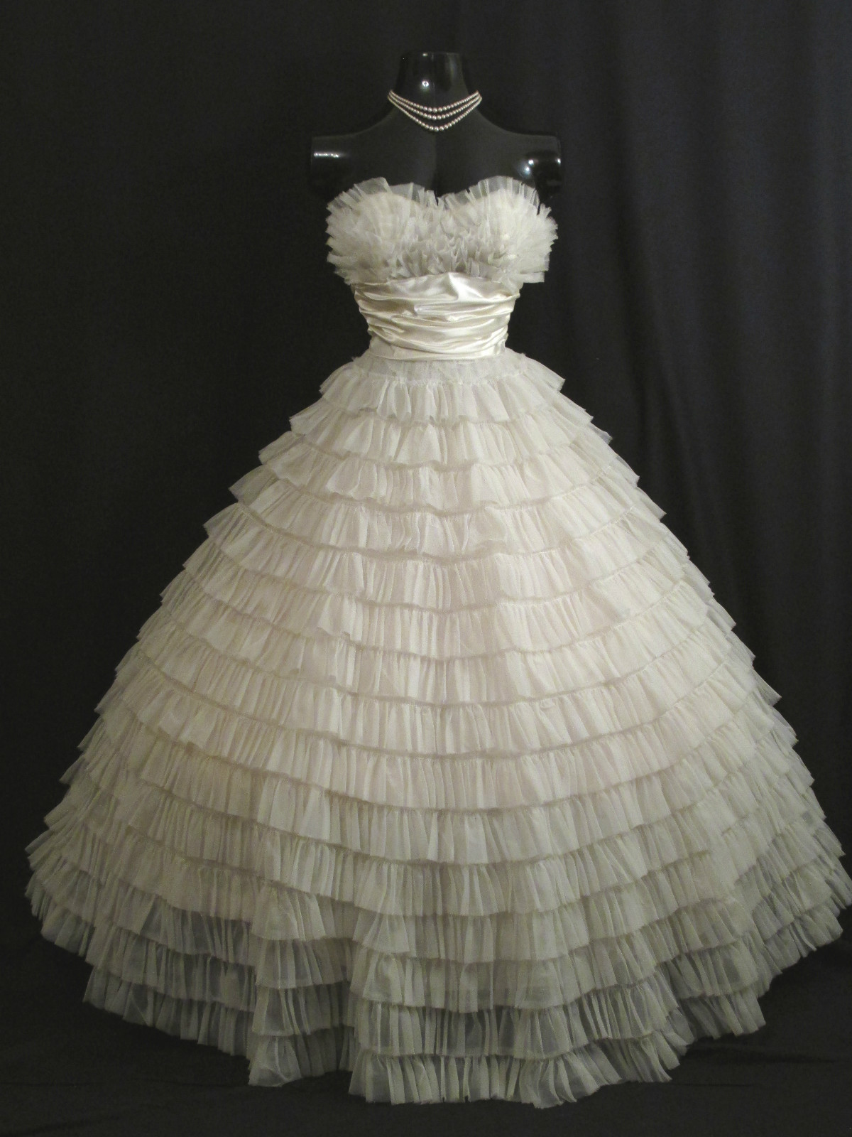 Vintage 1950’s 50s STRAPLESS White Chiffon Taffeta Prom Party Wedding Dress Gown