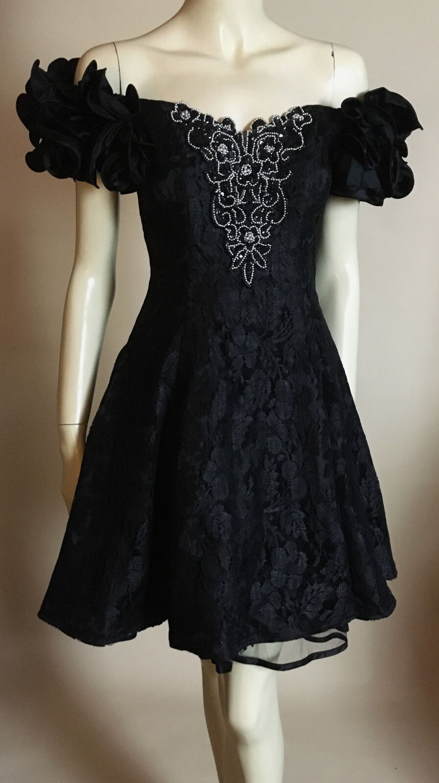 1980s 90sTrue Vintage Black Lace Ruffle Shoulder Beaded Party Prom Dress S 3-4