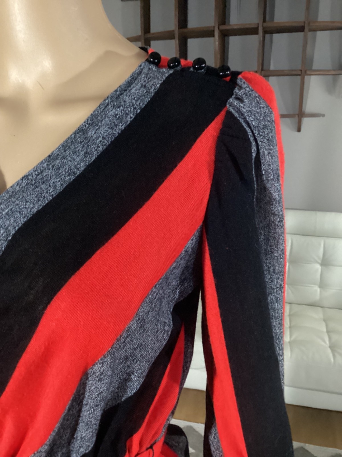 Vintage 80’s Red Black Gray Chevron Stripe Jersey Knit Belted Midi Dress Sz 6