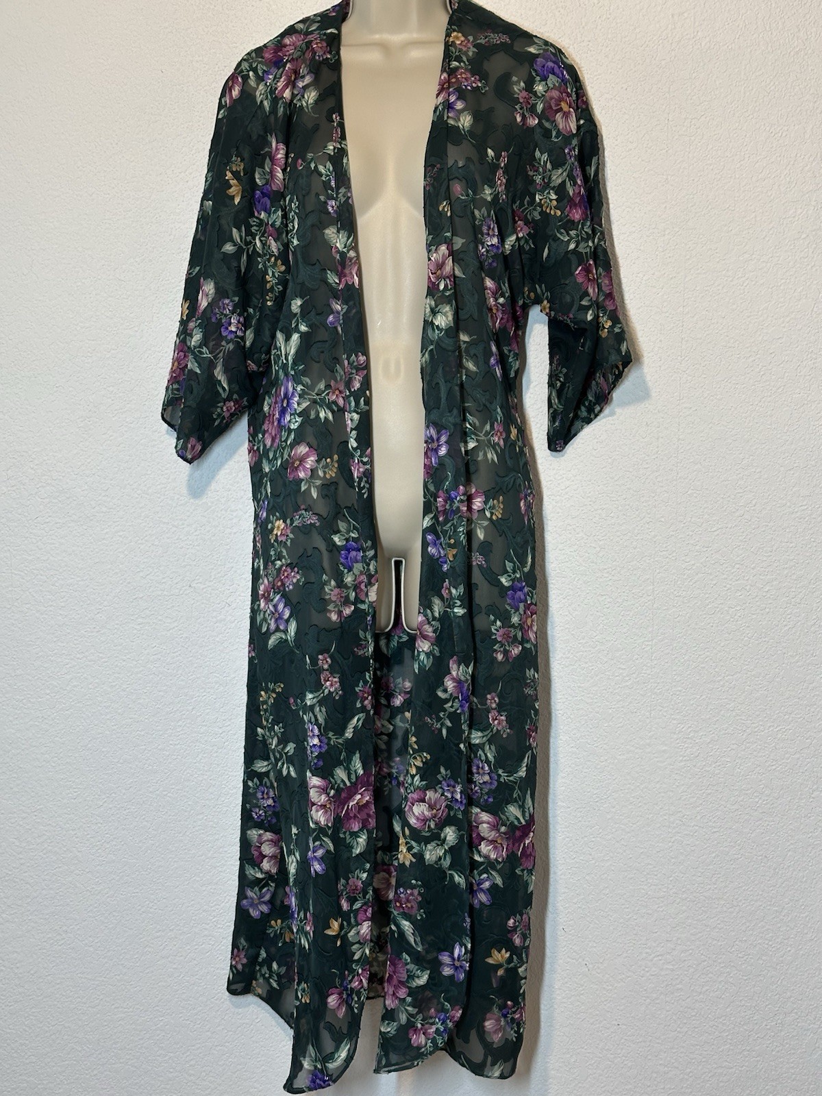 Vintage 90s Dark Semi Sheer Floral Maxi Robe Whimsigoth Wrap Duster Lightweight