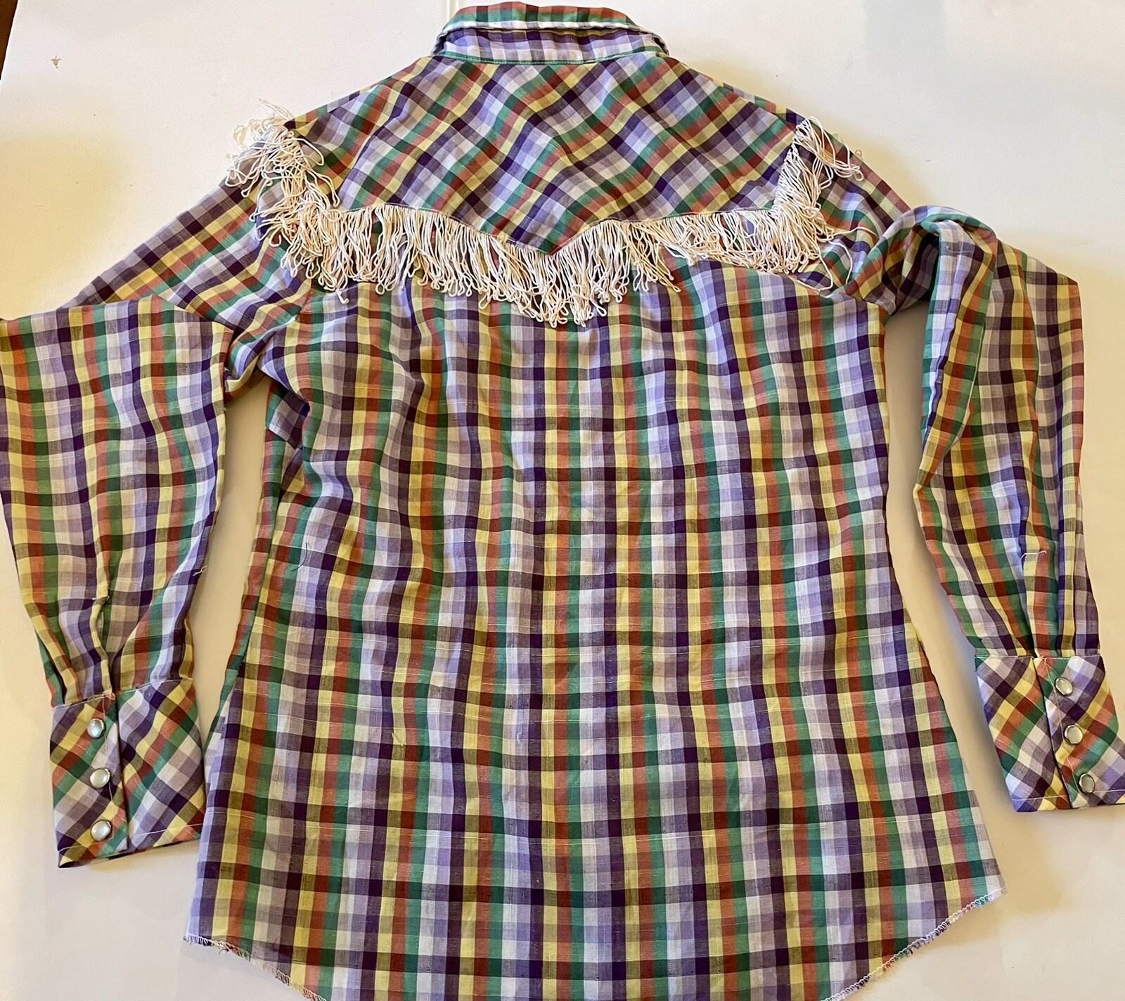 Vintage 70s H BAR C California RANCHWEAR Shirt Women 34 Plaid Fringe Pearl Snap
