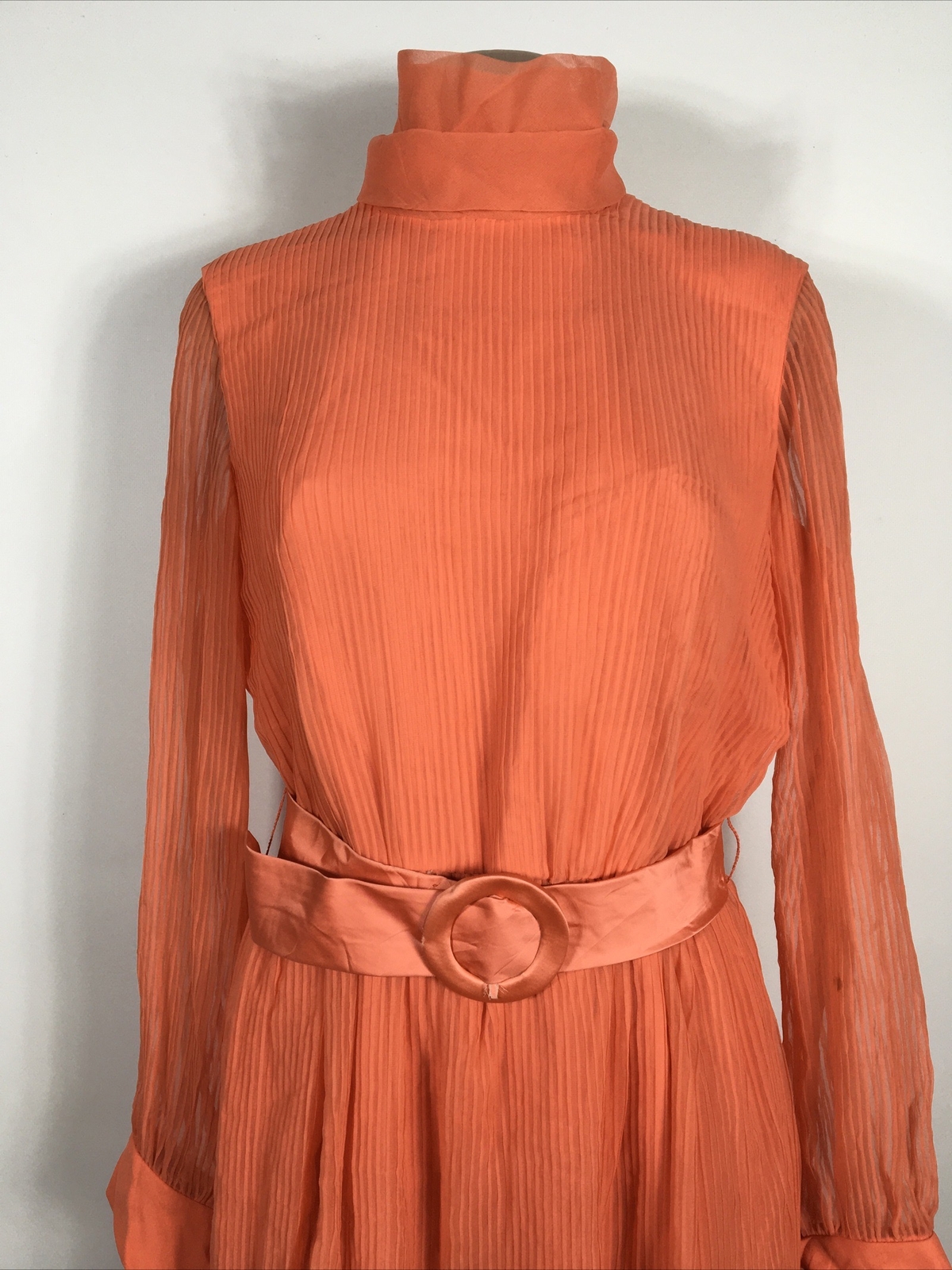 Miss Elliette Coral Illusion Sleeve High Collar Pleated Vtg 60’s Gown Dress