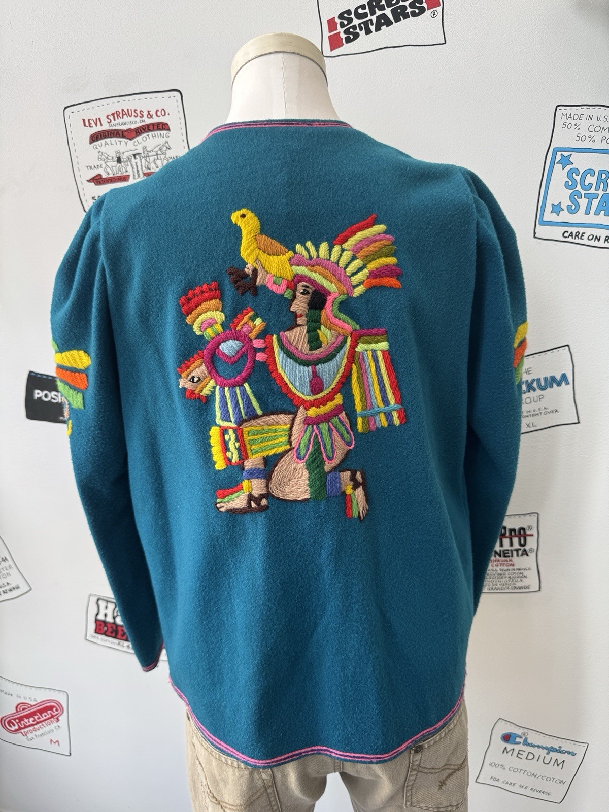 Vintage Lab Mex Mexican Souvenir Jacket Sz M Folk Art Embroidered Wool 50s