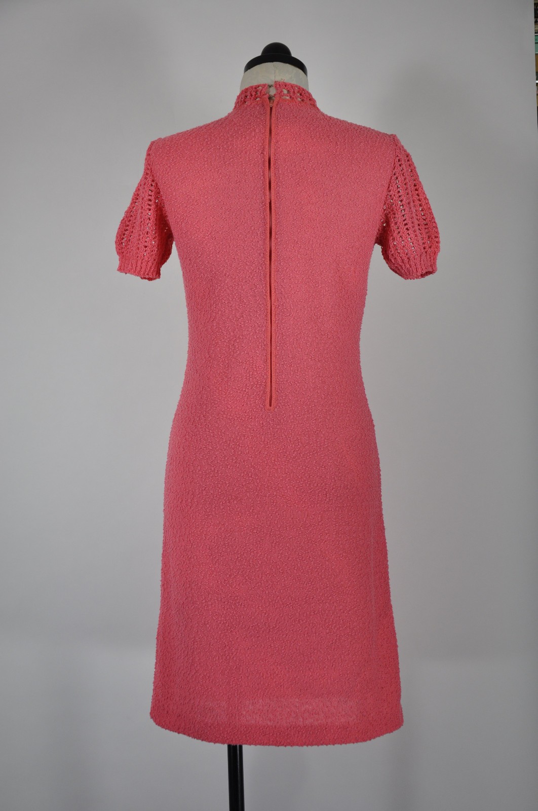 60s Vintage Salmon Pink Cotton Boucle Knit Short Sleeve Sweater Dress Women XS S