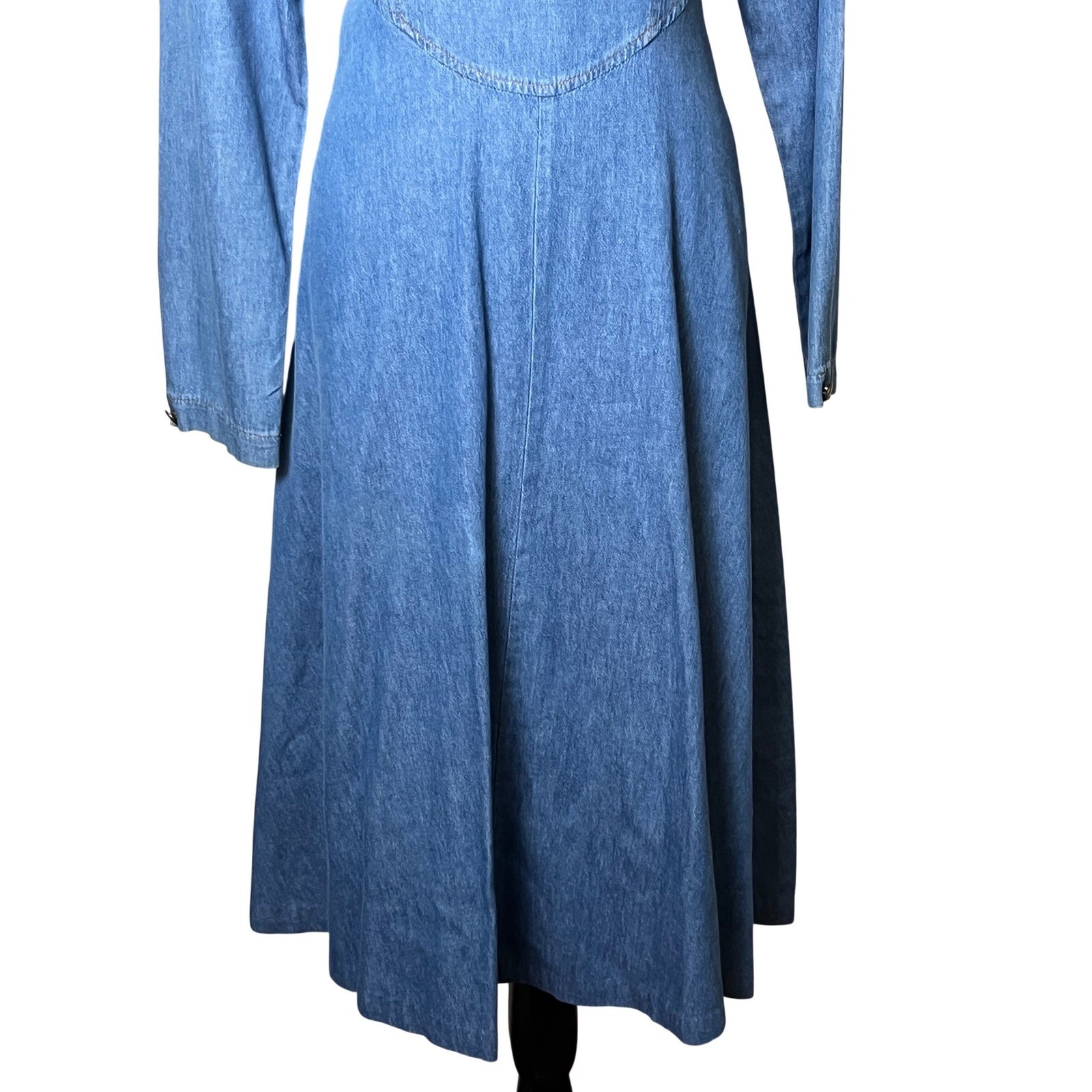 Vtg Womens Denim Long Sleeve Midi Dress Tickets California 80s Western Prarie LG