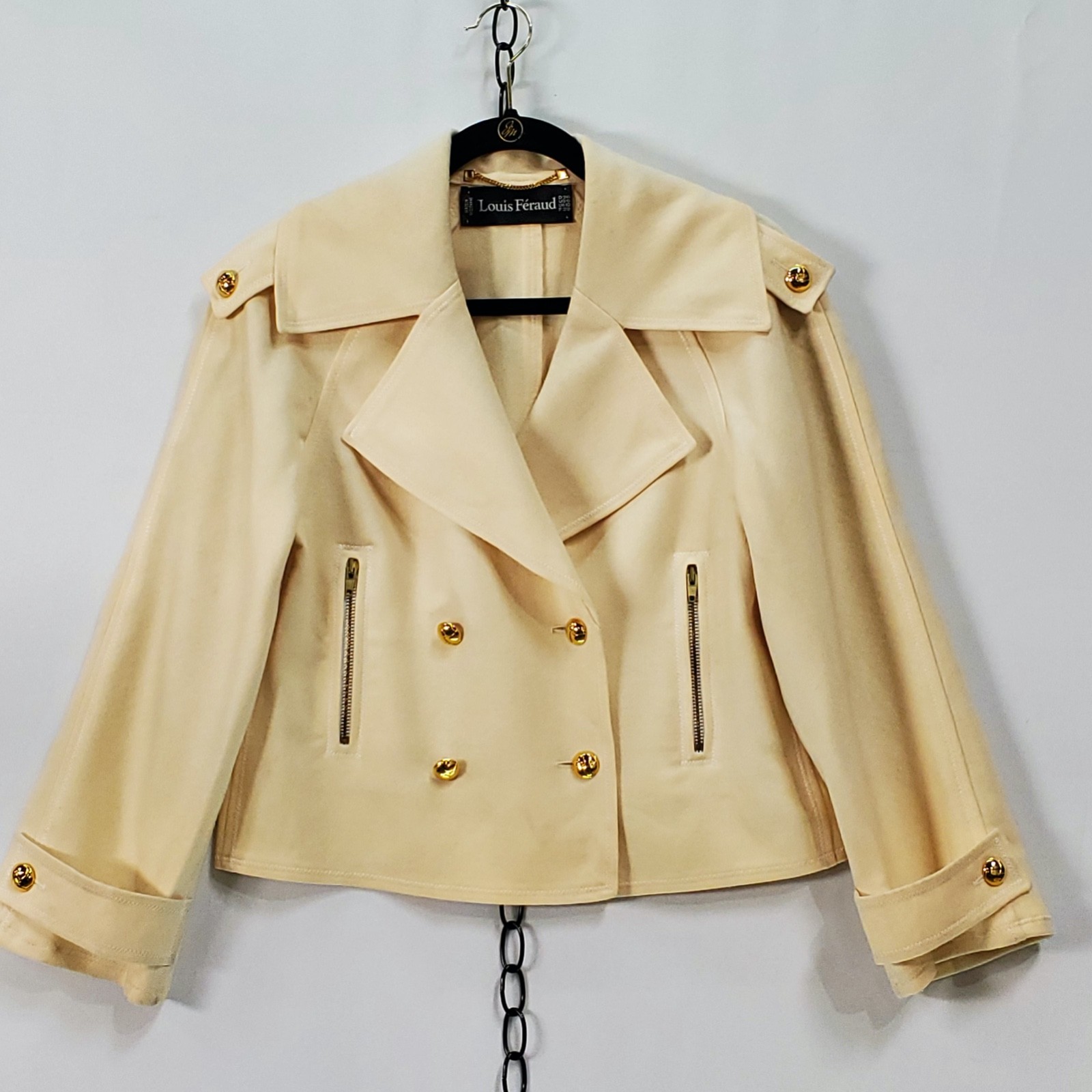 Vintage 80s Louis Feraud 100% Wool Cream Motorcycle Jacket Gold Buttons US Sz 6