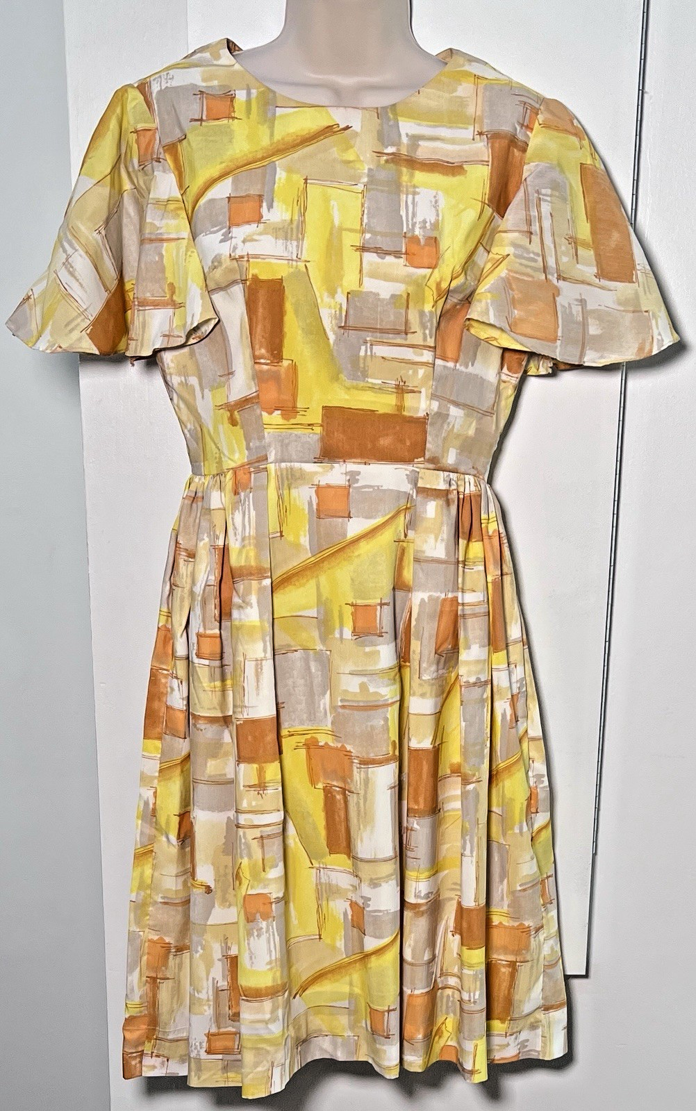 Vtg 60’s MCM Women’s S Mod Day Dress Abstract Geometric Print Flutter Sleeve EUC
