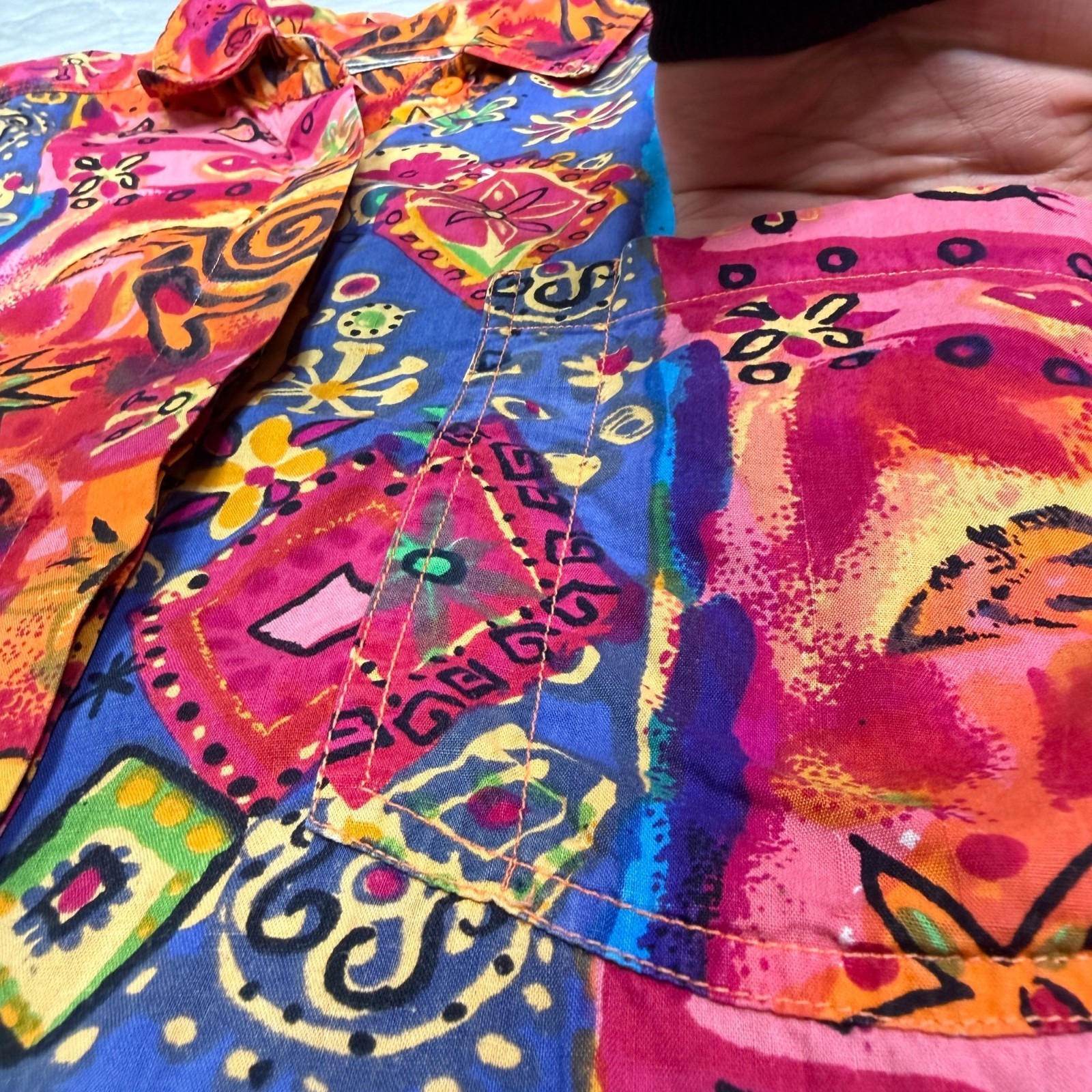 Vtg 90s Company One Cotton Button Up Shirt Shoulder Pads Funky Boho Dopamine Art