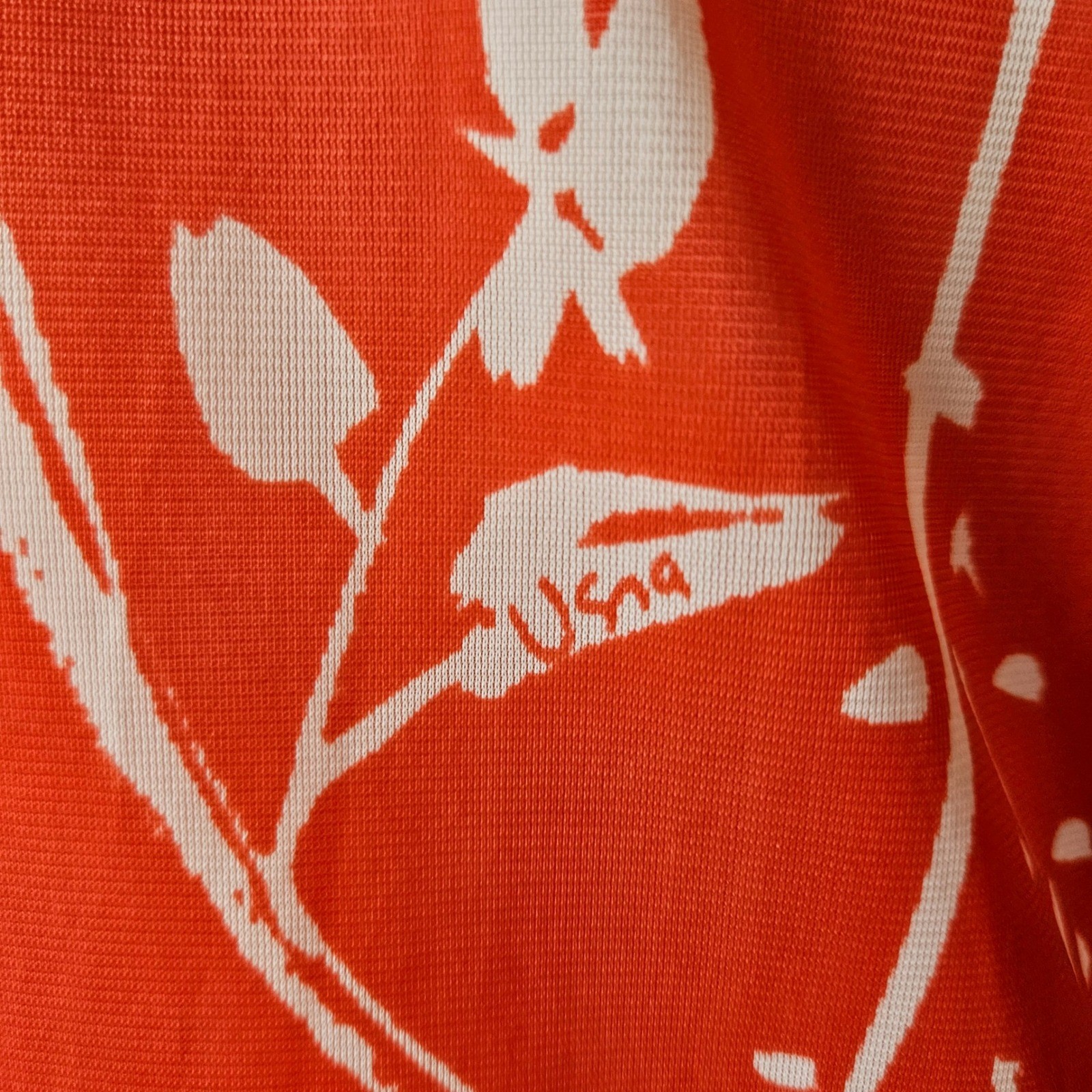 Vera Neumann Vintage 70s Orange Red White Rose Floral Dagger Collar Blouse M