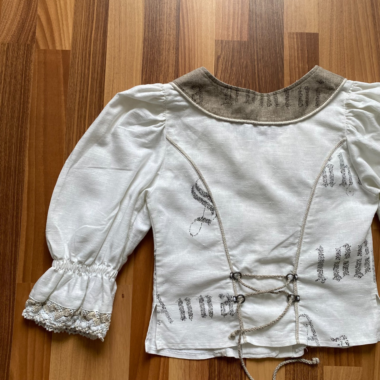 Vintage German Linen Puff Sleeves Blouse Button Front Corset Cottagecore Folk 34