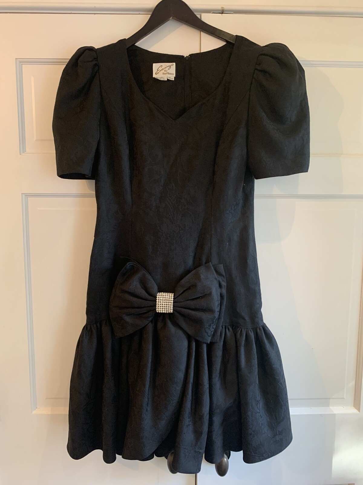 VTG 80s Evenings Raul Blanco Black Puff Sleeve Jacquard Formal Dress Sz 12