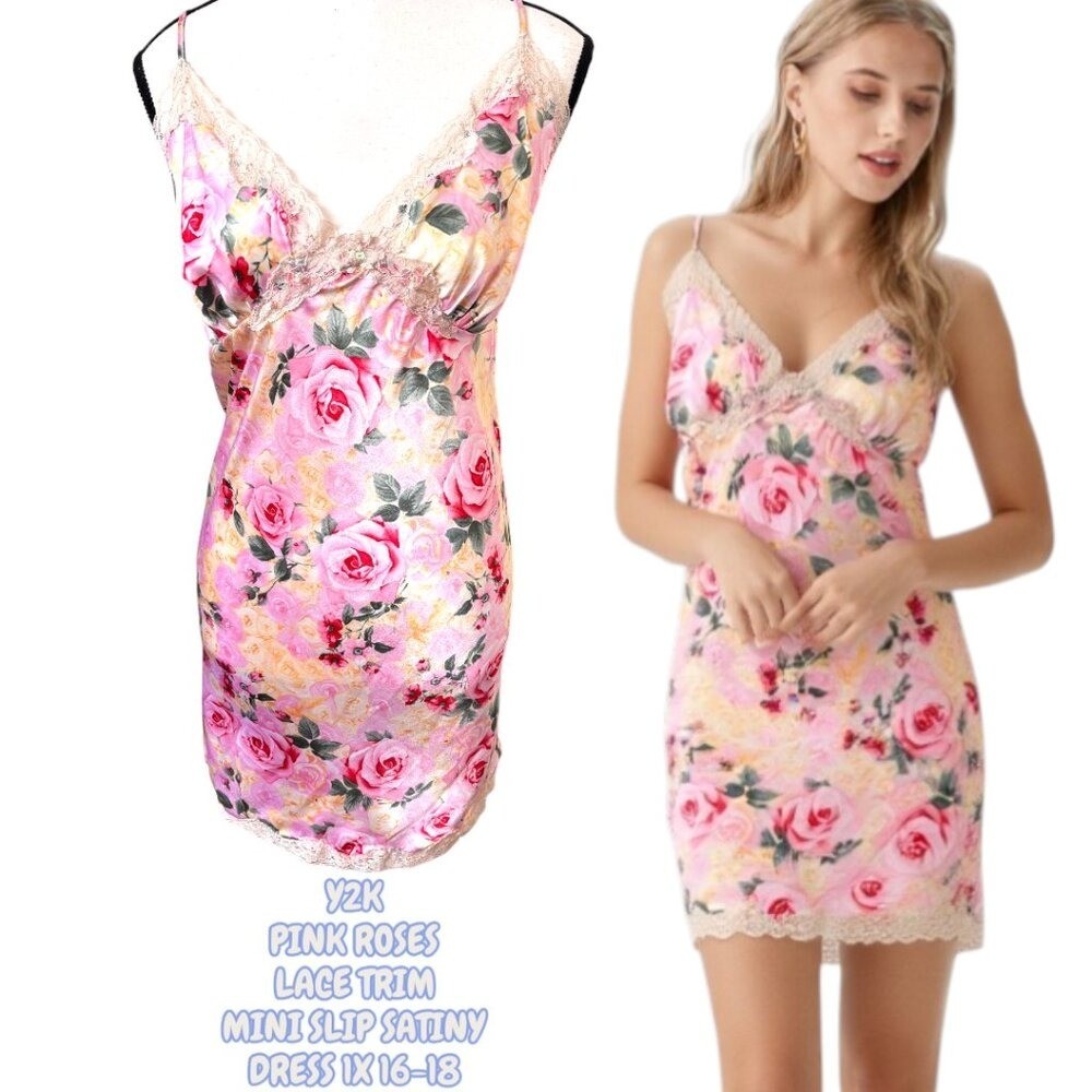 Y2K VINTAGE PINK ROSES SATIN LACE TRIM MINI DRESS SIZE 1X 16-18