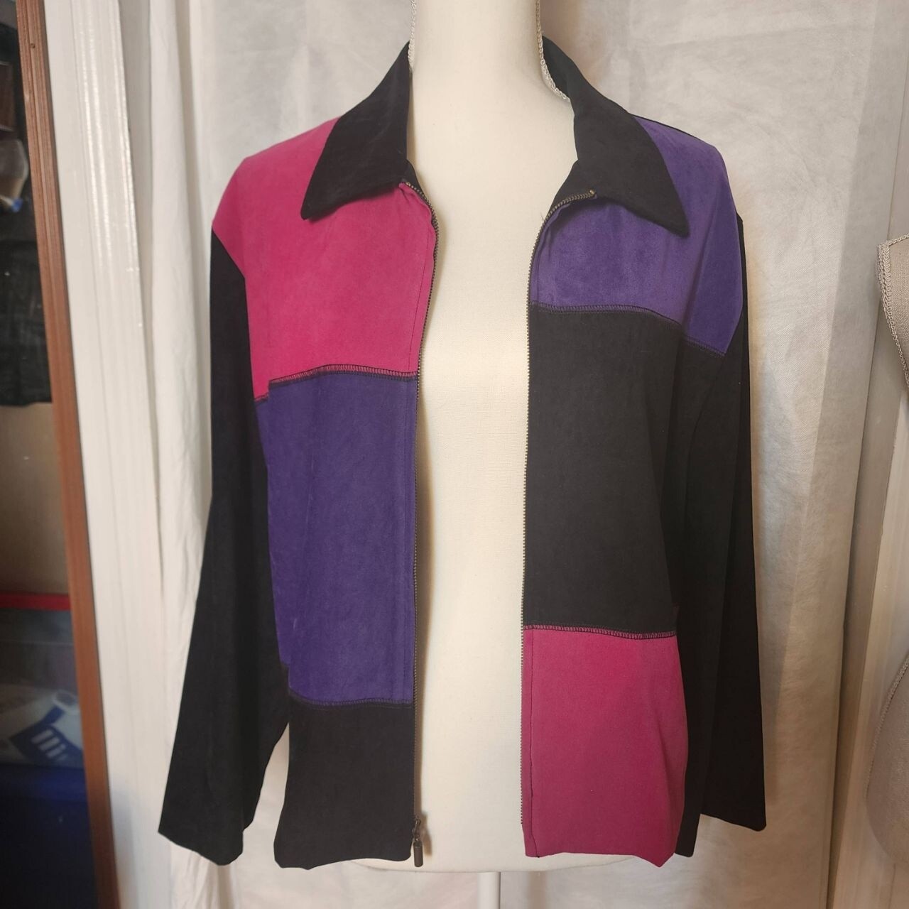 Briggs Vintage Colorblock Zip Up Jacket with Collar Suede/Velvet Soft 16P Y2K