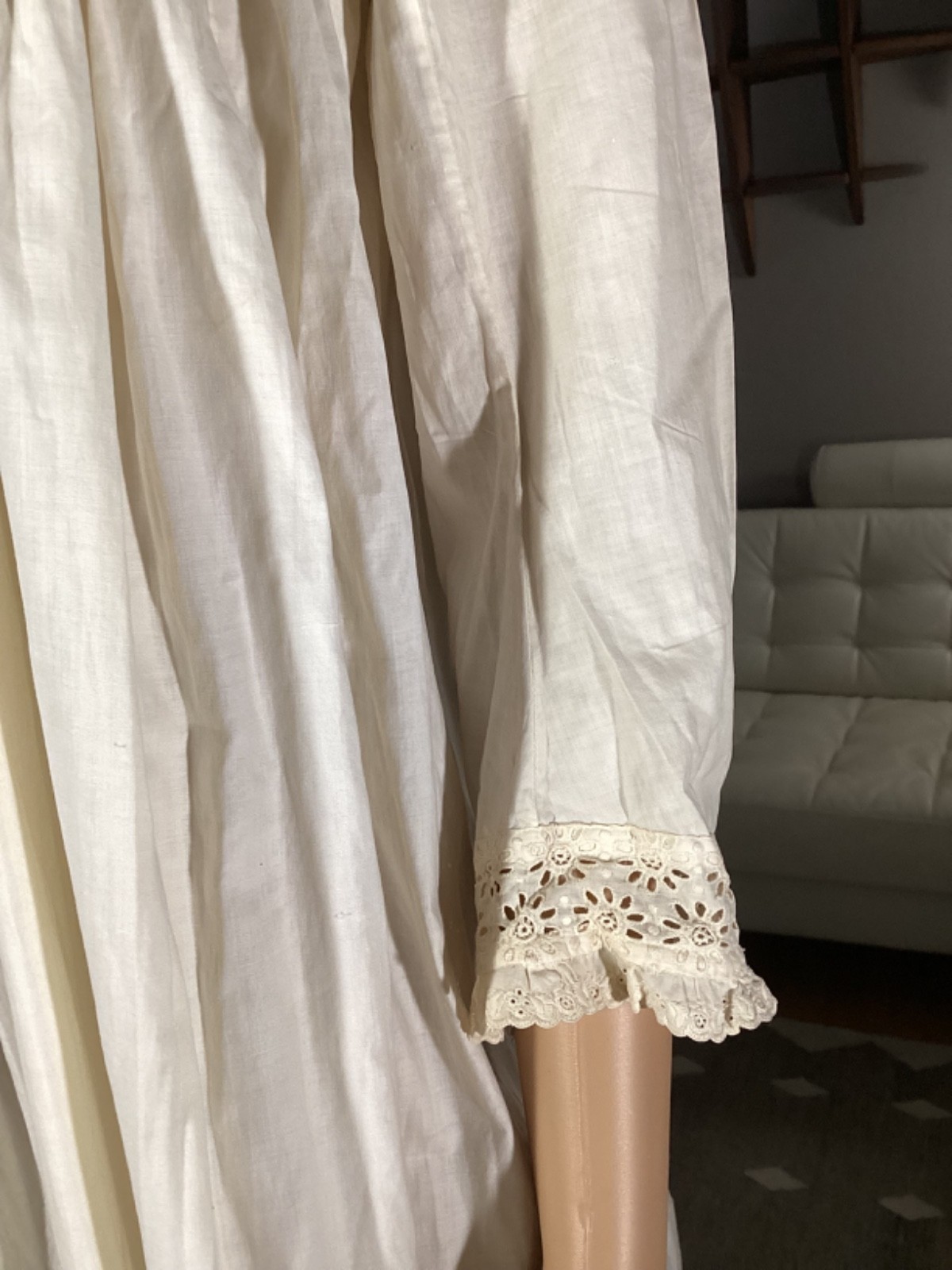 Antique Victorian Edwardian Cotton Eyelet Lace Long Nightgown Glass Buttons