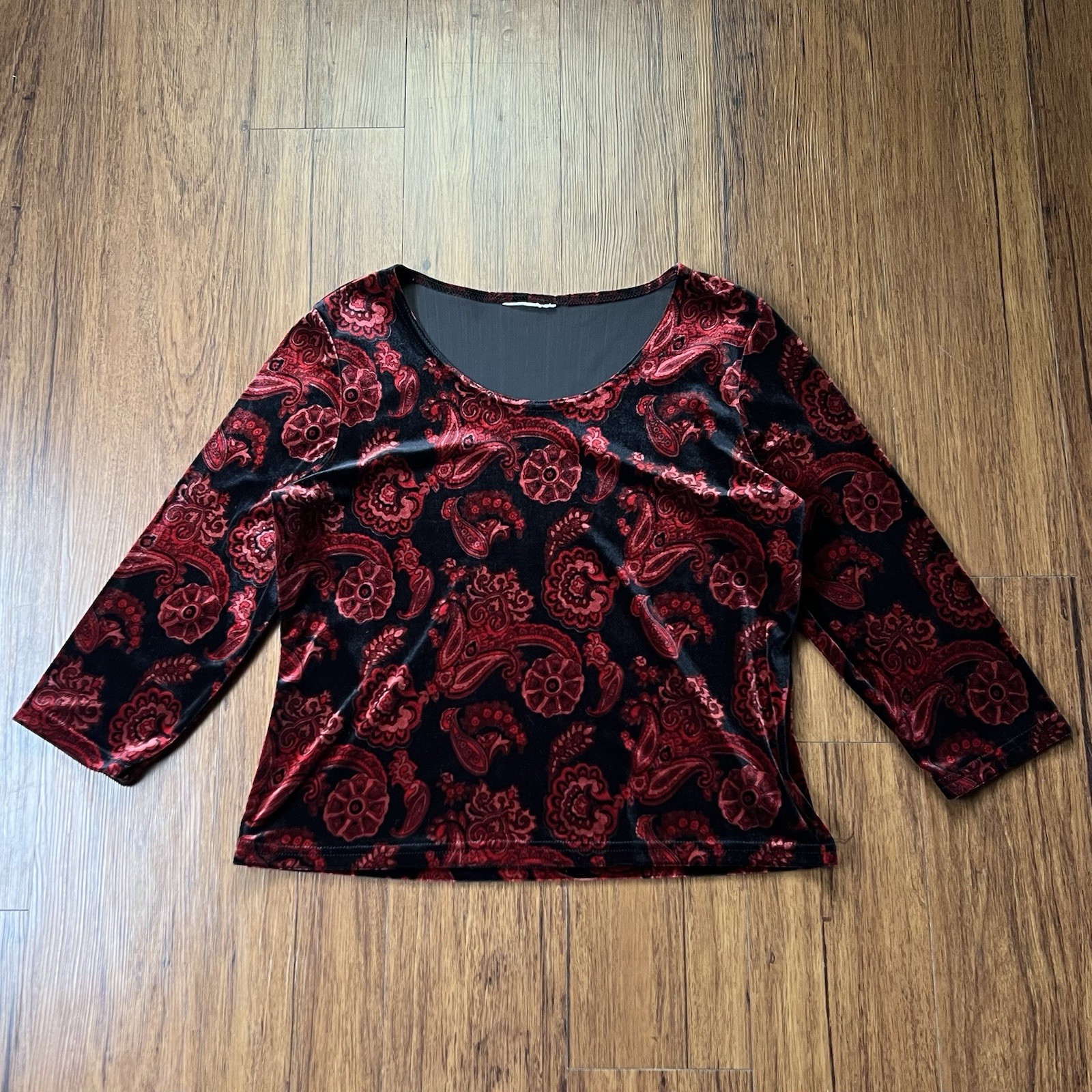 Vintage Y2K 90s Velvet Top Large Black Red Paisley Romantic Goth Whimsigoth