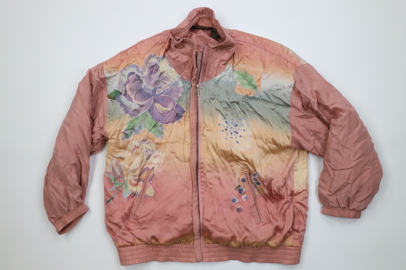 Vintage 90s Streetwear Womens Large 2 Piece Silk Flower Track Suit Outfit Set