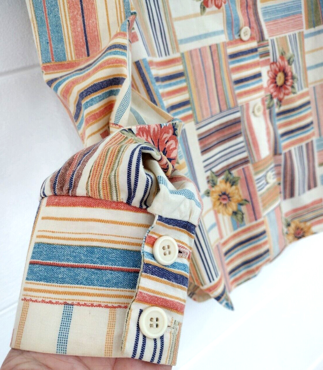 Vtg 70’s Western Patchwork Dagger Collar Plaid Button-Up Retro Mod Blouse Sz S