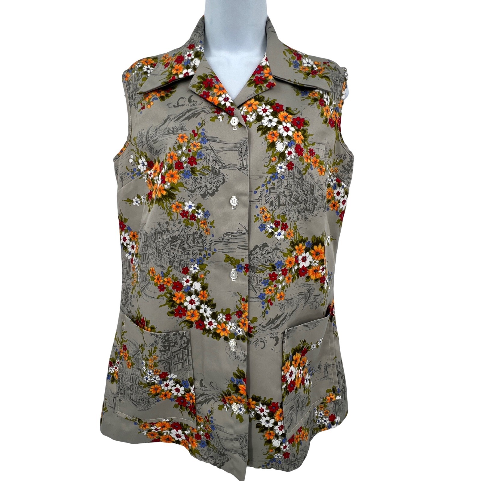 Vintage 70s Dagger Collar Artist Smock Blouse Floral Gray Pockets MCM Darts