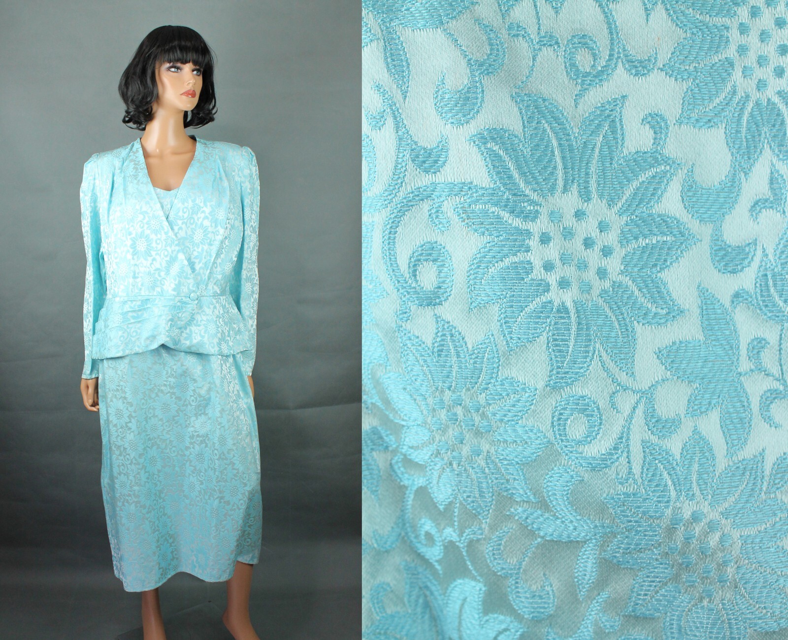 Vintage Dress Suit Sz 16 L 80s Blue Floral Satin Brocade Jacket Mother of Bride