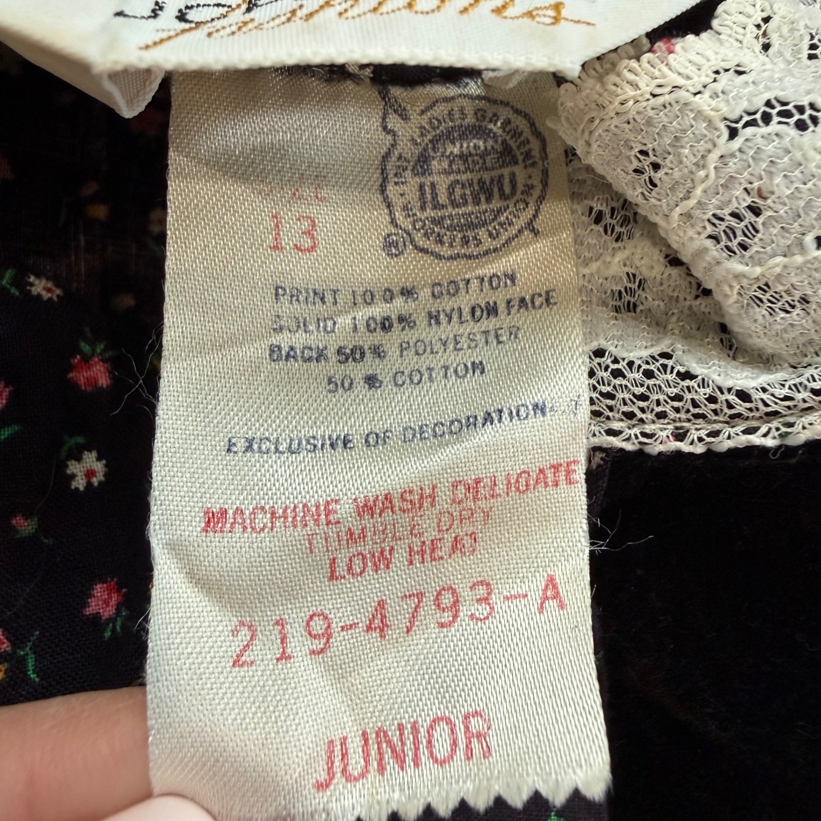Vintage JCPenney Fashions Prairie Dress Black Floral Lace Velvet Midi 13