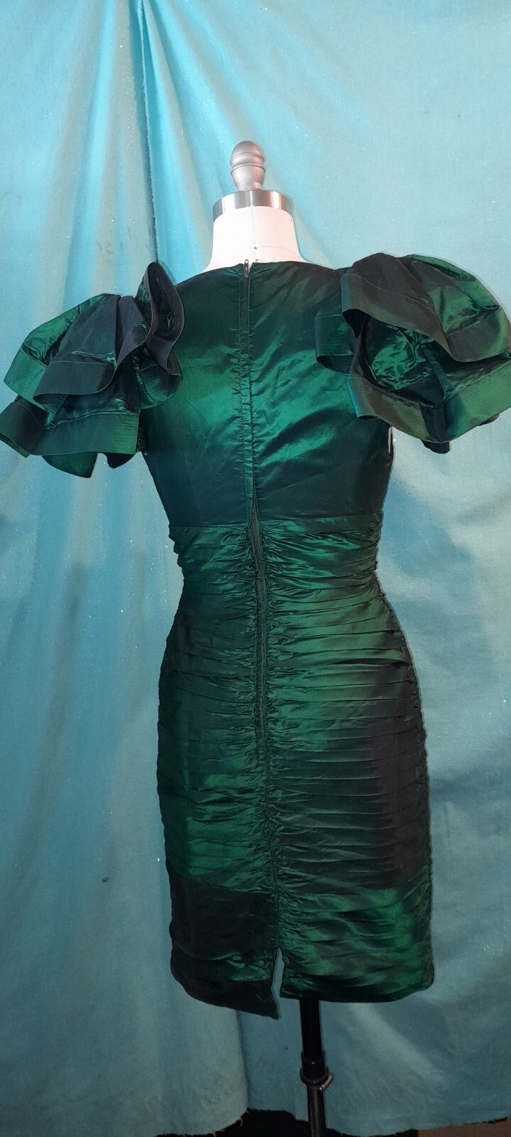 Vtg 80s Emerald Green TADASHI Pleated RUFFLE Wiggle Tafffeta Party Prom Dress S
