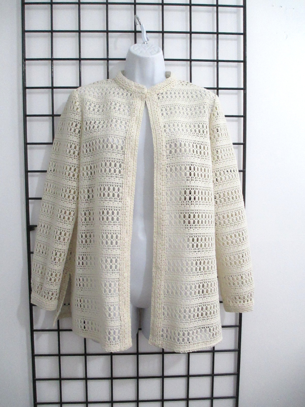 SCHRADER SPORT NEW YORK 🌸SIZE 14==VINTAGE IVORY / OPEN WORK CARDIGAN SWEATER