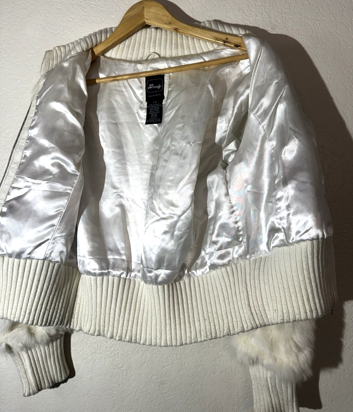 BRODY Real Rabbit Fur Jacket Womens L White Cream Y2K Cropped Bomber Vintage