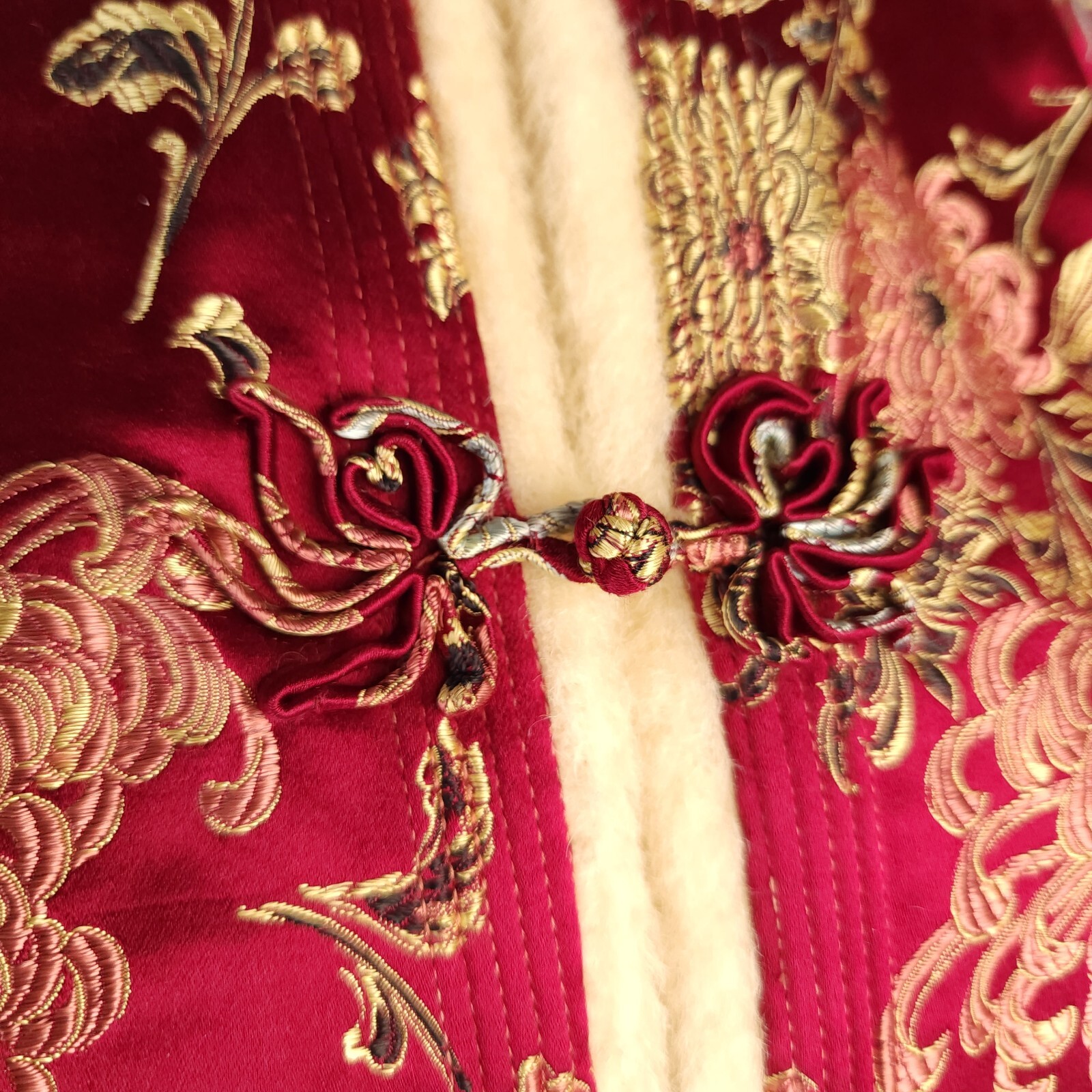 Vintage 70s Asian Mandarin Sherpa Lined Jacket Coat Silk Burgundy Chrysanthemum