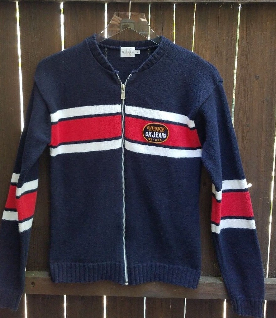 VTG Y2K Calvin Klein Jeans Red White Blue Stripe USA Full Zip L/S Cardigan Logo