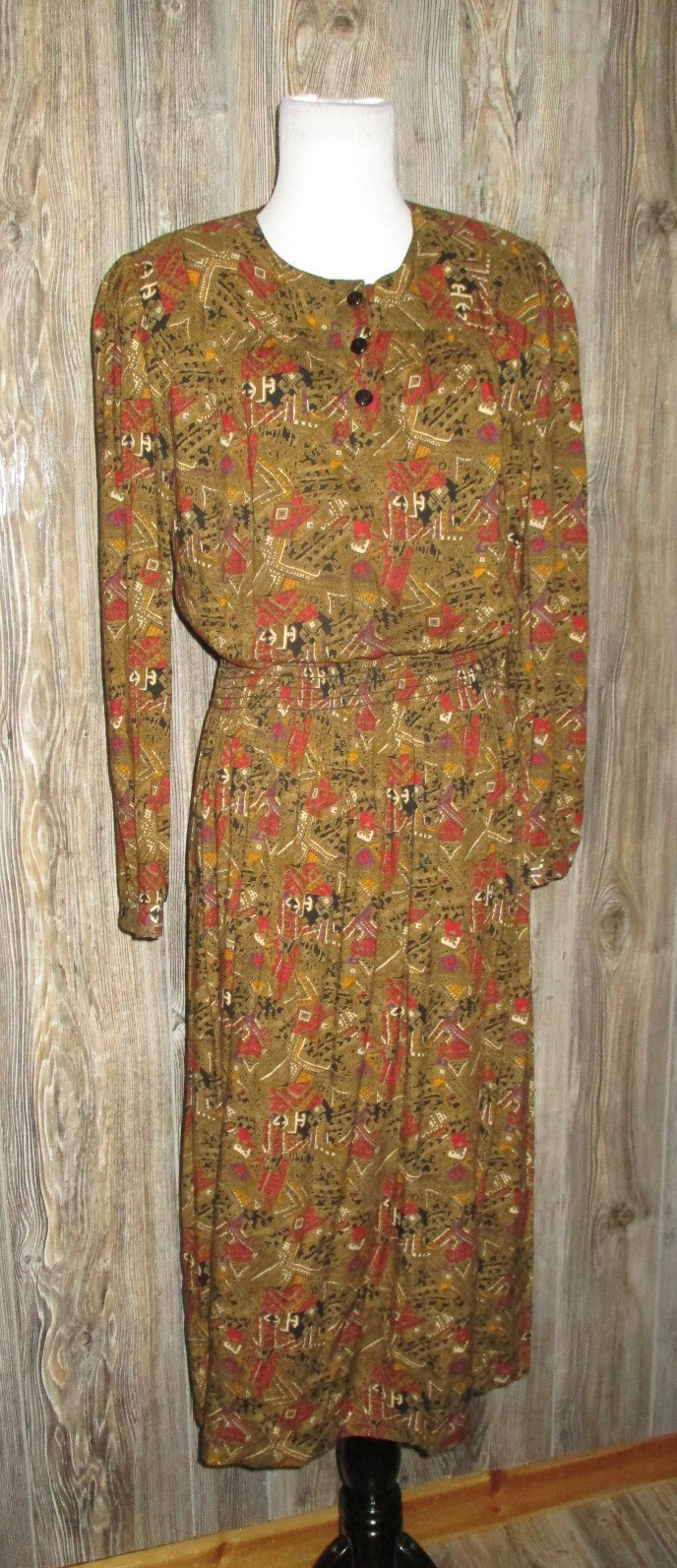 Vintage Virgo II Women’s Size 10 Brown Print Modest Long Sleeve Dress Fall