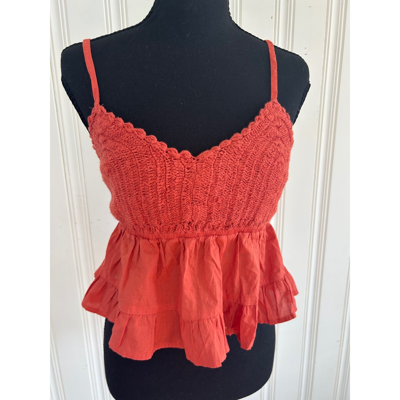 NWT! M Rust Crochet Ruffle Cropped Top Smock Boho Hippie Earth Festival Cottage