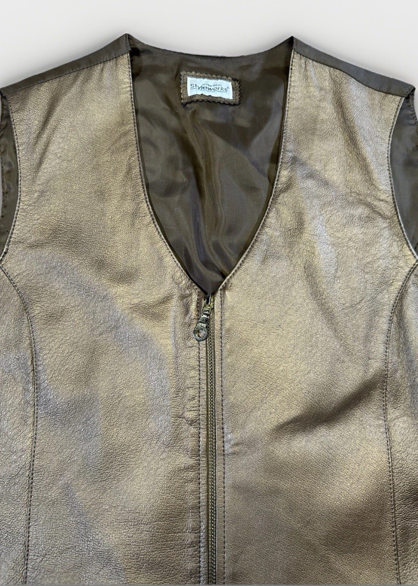 VTG 90s Newport News Styleworks Leather Vest Bronze Brown Western Zip Up Size L
